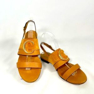 Chloe Gold C Slingback Leather & Suede Flat Sandals Size 37